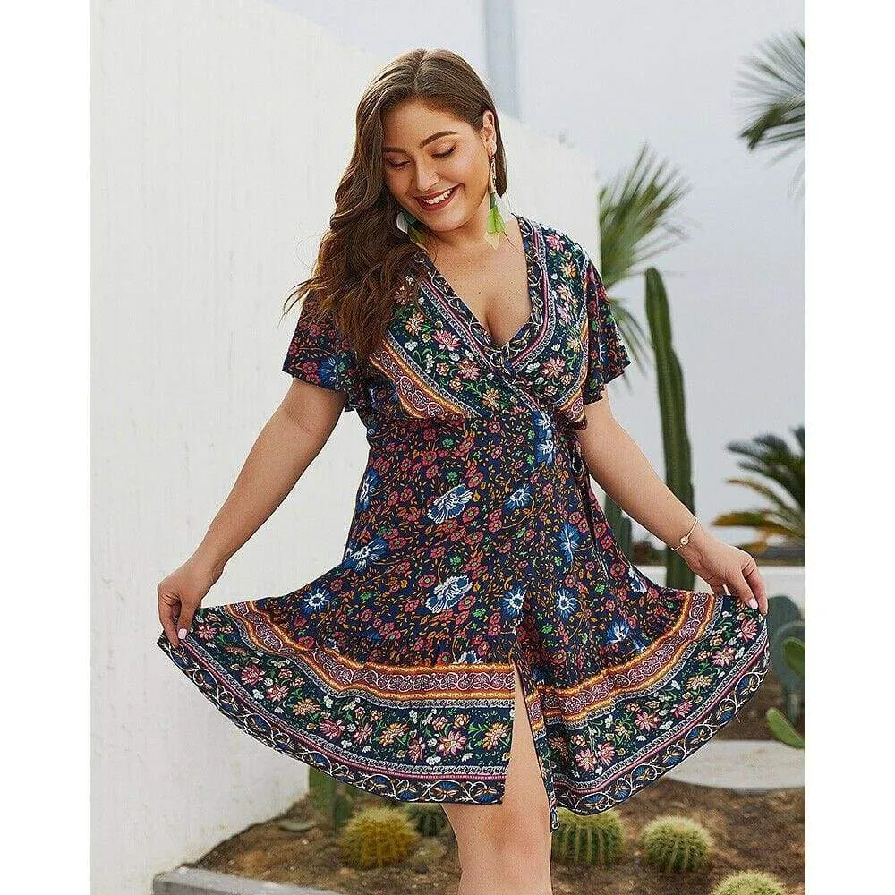 FashionSierra - Plus Size Women Short Sleeve Wrap Boho Floral Mini Dress Fashion Ladies Summer Sundress Casual V Neck Holiday Beach Clothes