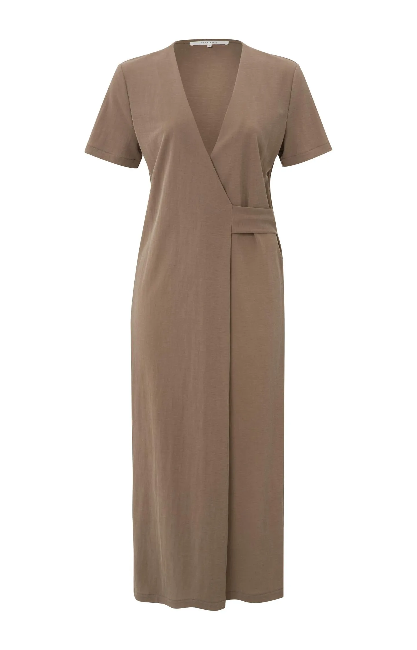 Faux wrap dress with V-neck, short sleeves an waist detail