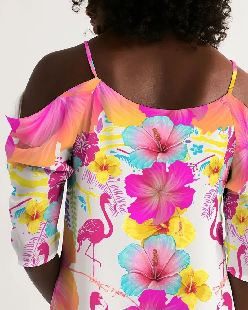 Flamingos Hibiscus Floral Cold Shoulder Dress