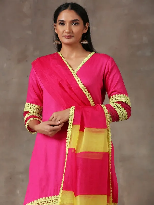 Fuschia Cotton Kurta Set With Organza Dupatta (Set of 3)