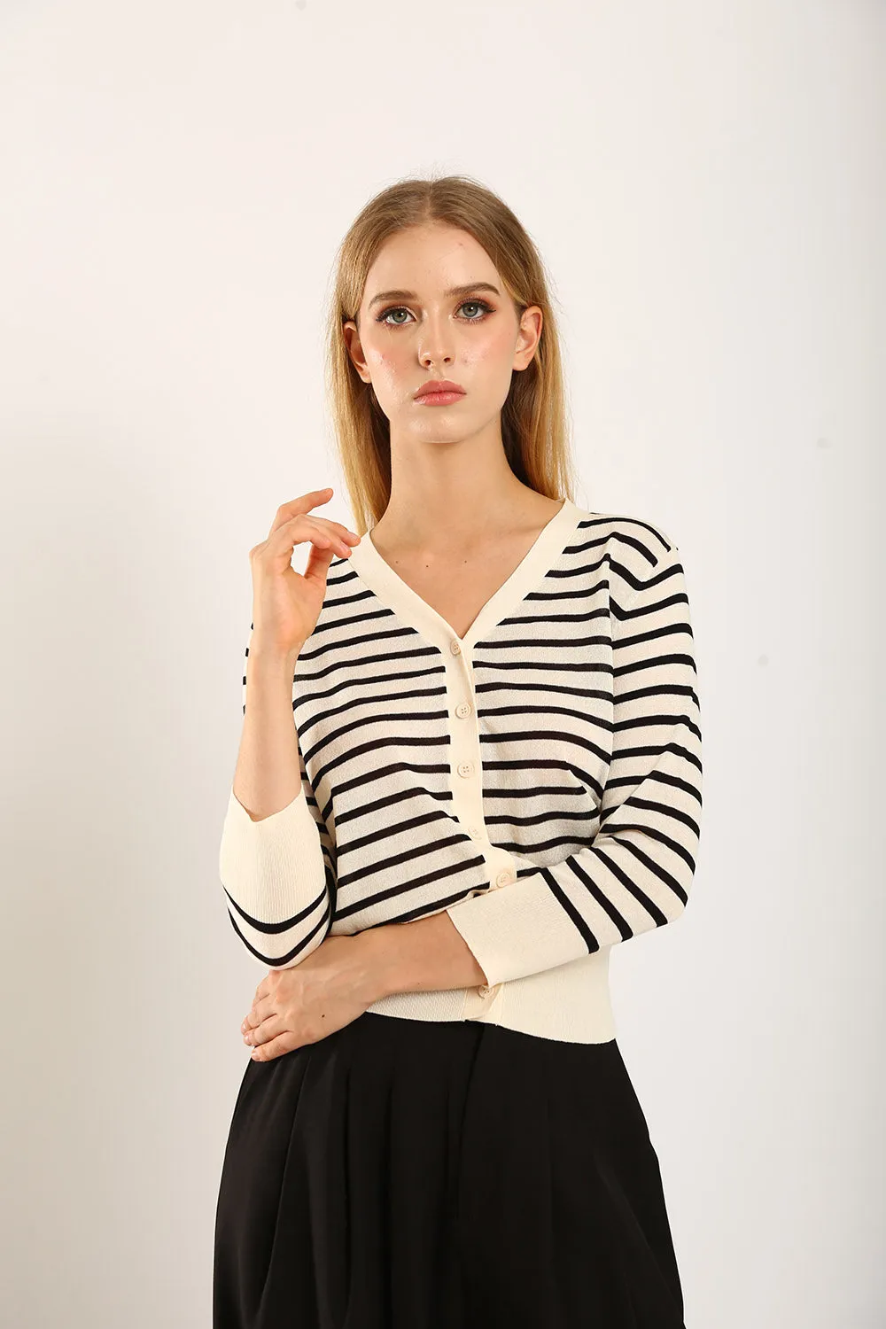 Gemma Striped Knit Cartigan in White