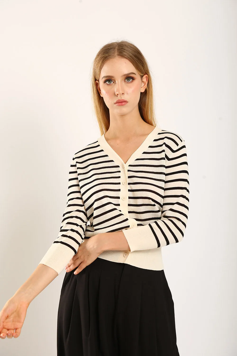 Gemma Striped Knit Cartigan in White