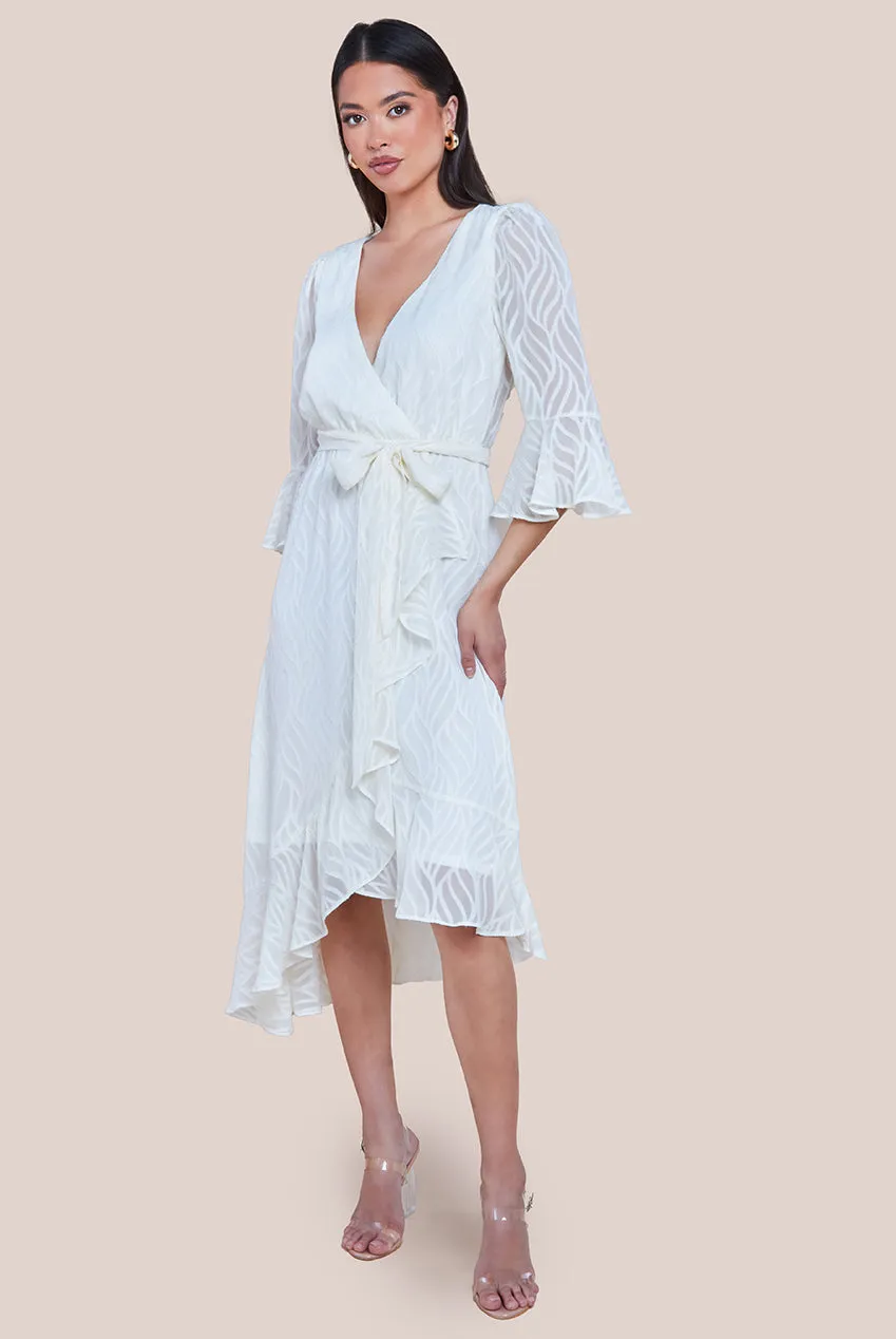 Goddiva Chiffon Geo-Wave Front Frill Wrap Midi Dress - Cream