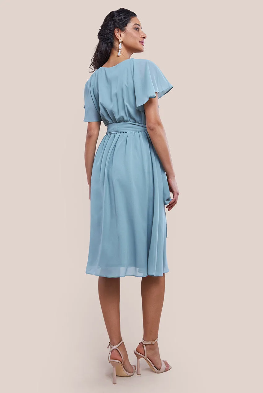 Goddiva Sustainable Flutter Sleeve Chiffon Wrap Midi Dress - Sage Green