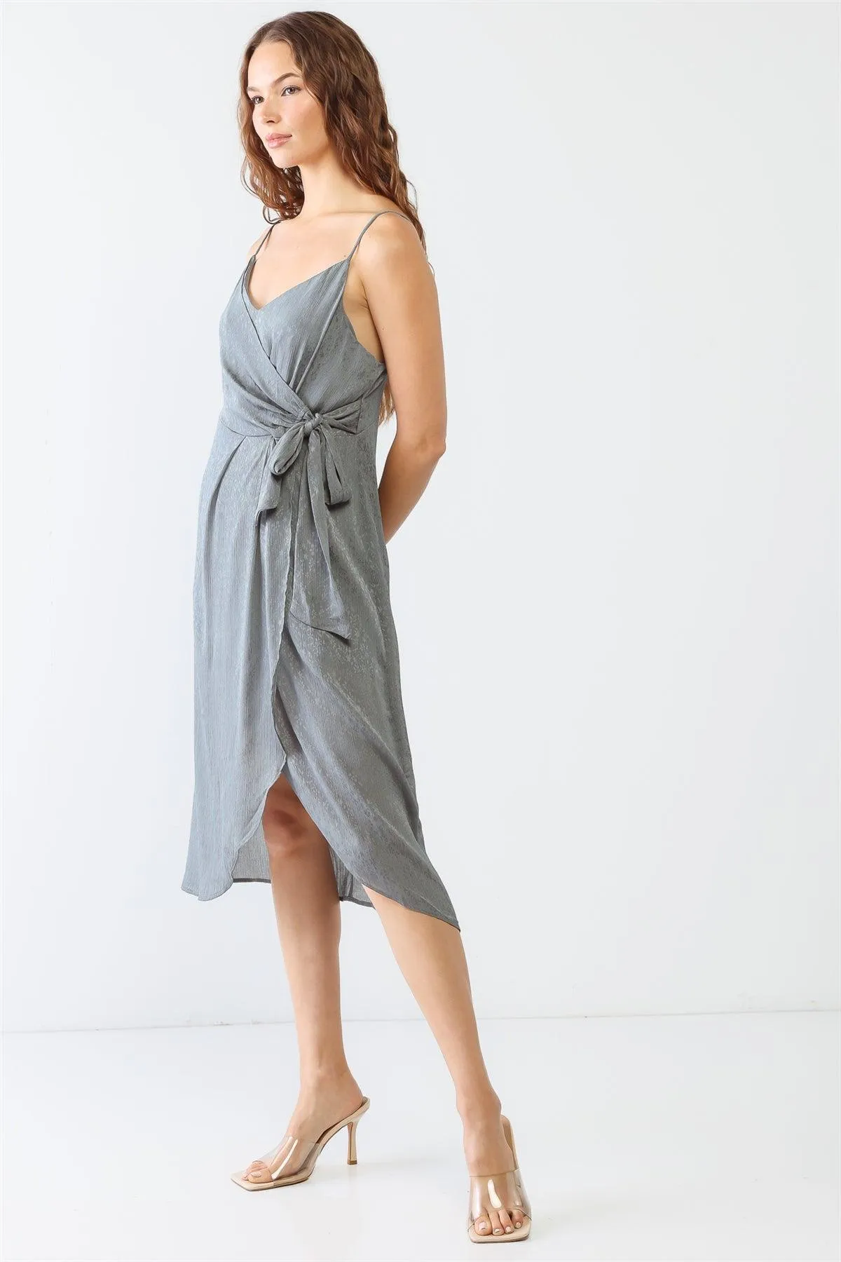 Grey Floral Print Satin Wrap V-Neck Strappy Wrap Midi Dress /2-2-2