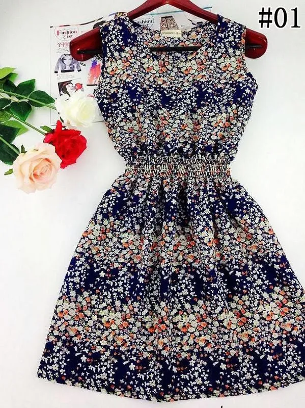 Hot sale ! Spring summer autumn new Korean Women casual Bohemian floral leopard sleeveless vest printed beach chiffon dress