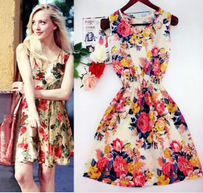 Hot sale ! Spring summer autumn new Korean Women casual Bohemian floral leopard sleeveless vest printed beach chiffon dress