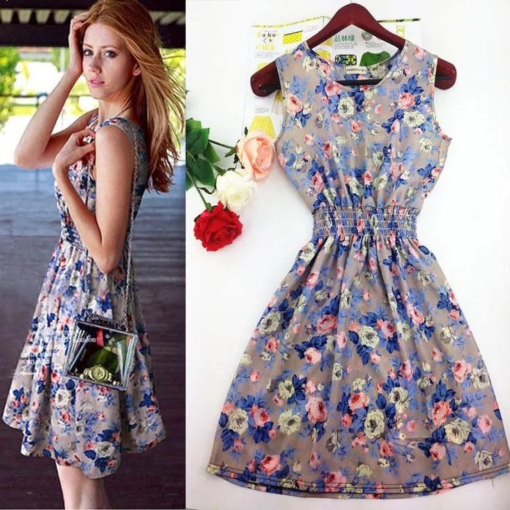 Hot sale ! Spring summer autumn new Korean Women casual Bohemian floral leopard sleeveless vest printed beach chiffon dress