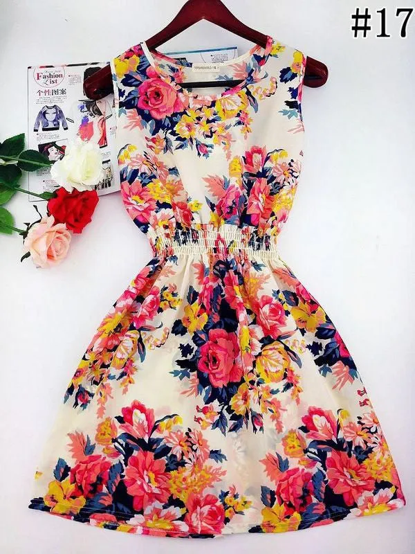 Hot sale ! Spring summer autumn new Korean Women casual Bohemian floral leopard sleeveless vest printed beach chiffon dress