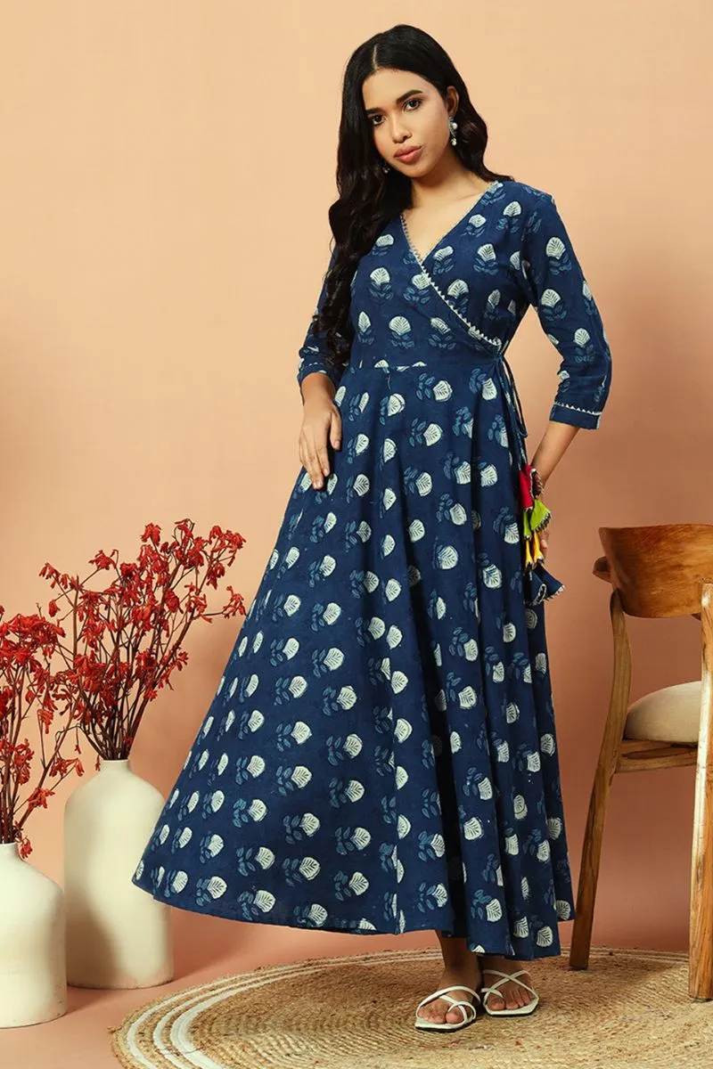 Indigo Handblock Angrakha Twirl Dress