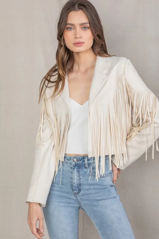 Ivory Cream Faux Leather Suede Fringe Cropped Western Boho Moto Jacket Women's