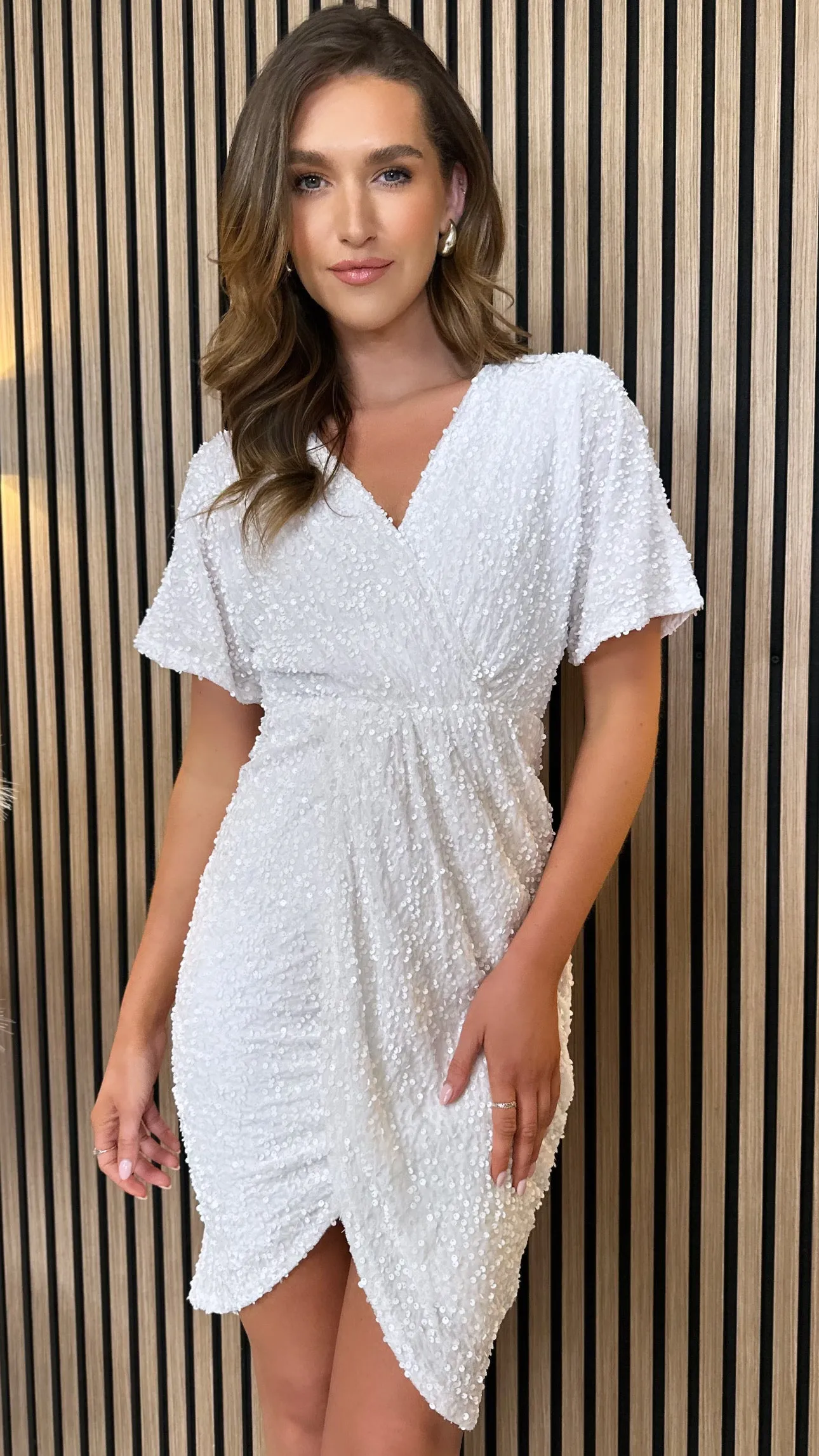 Jonie White Sequin Wrap Detail Midi Dress