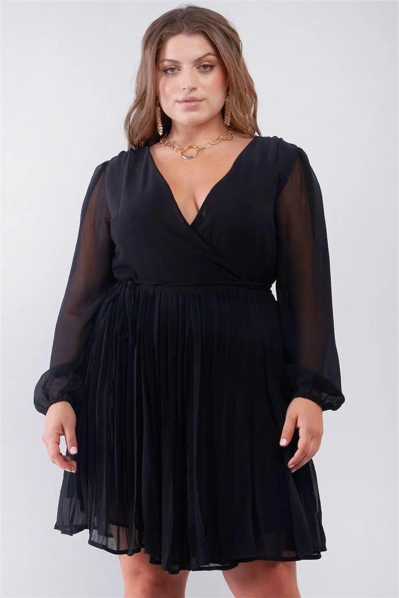 Junior Plus Black Wrap Deep V-Neck Long Puff Sleeve With Elasticated Cuff Pleated Midi Dress /2-2-2