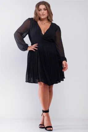 Junior Plus Black Wrap Deep V-Neck Long Puff Sleeve With Elasticated Cuff Pleated Midi Dress /2-2-2