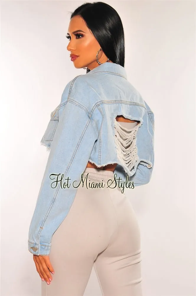 Light Denim Long Sleeve Destroyed Back Cropped Jacket