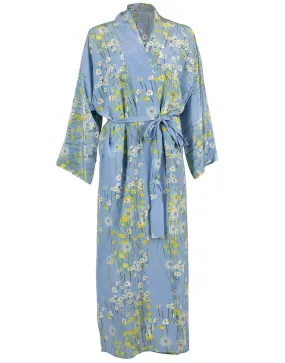 Long Peignoir Silk Coat - Blue & Yellow