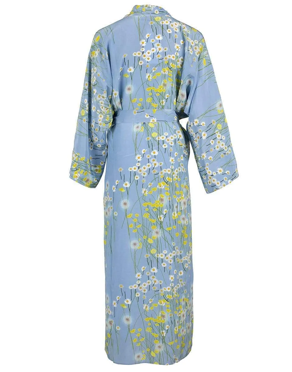 Long Peignoir Silk Coat - Blue & Yellow