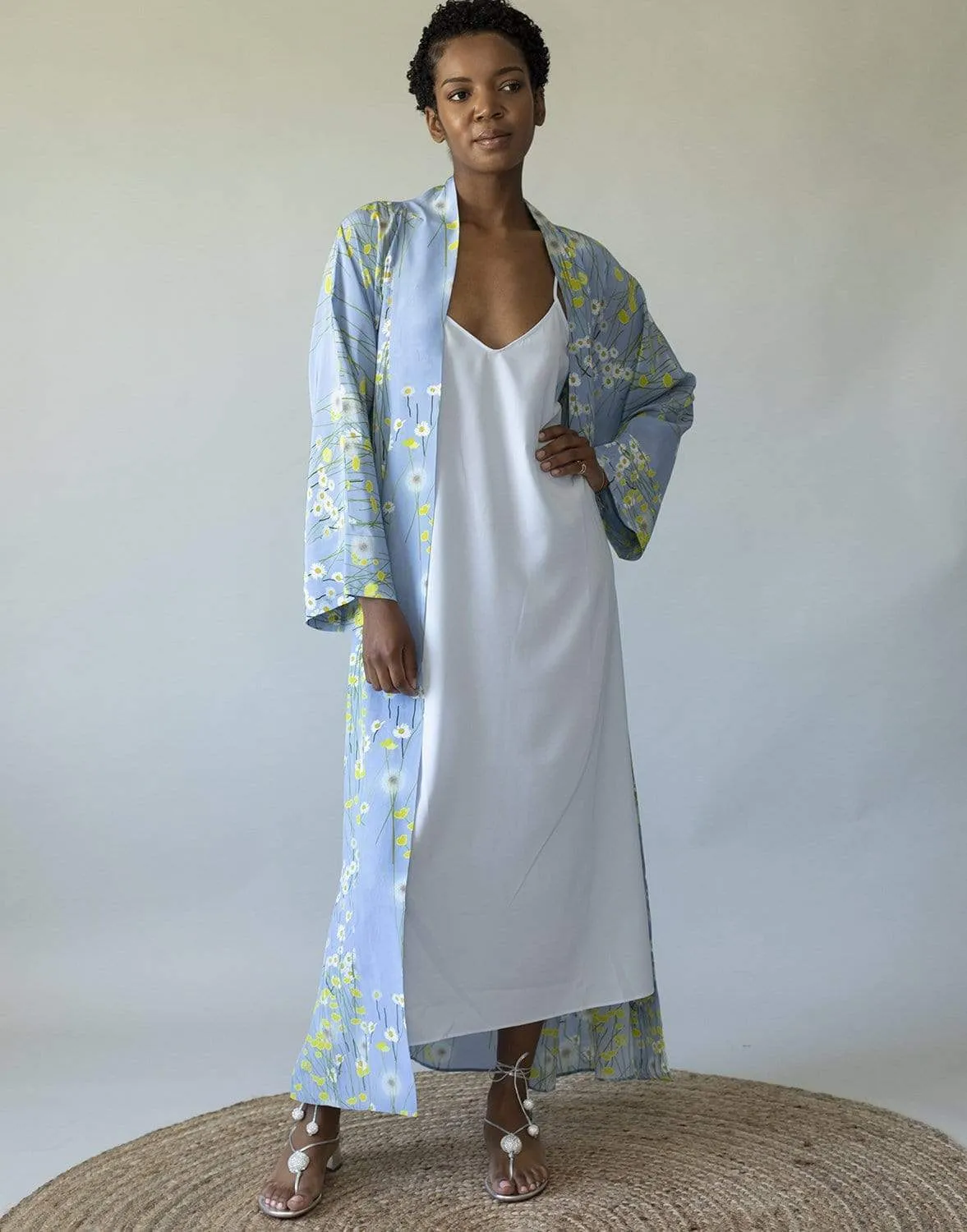 Long Peignoir Silk Coat - Blue & Yellow