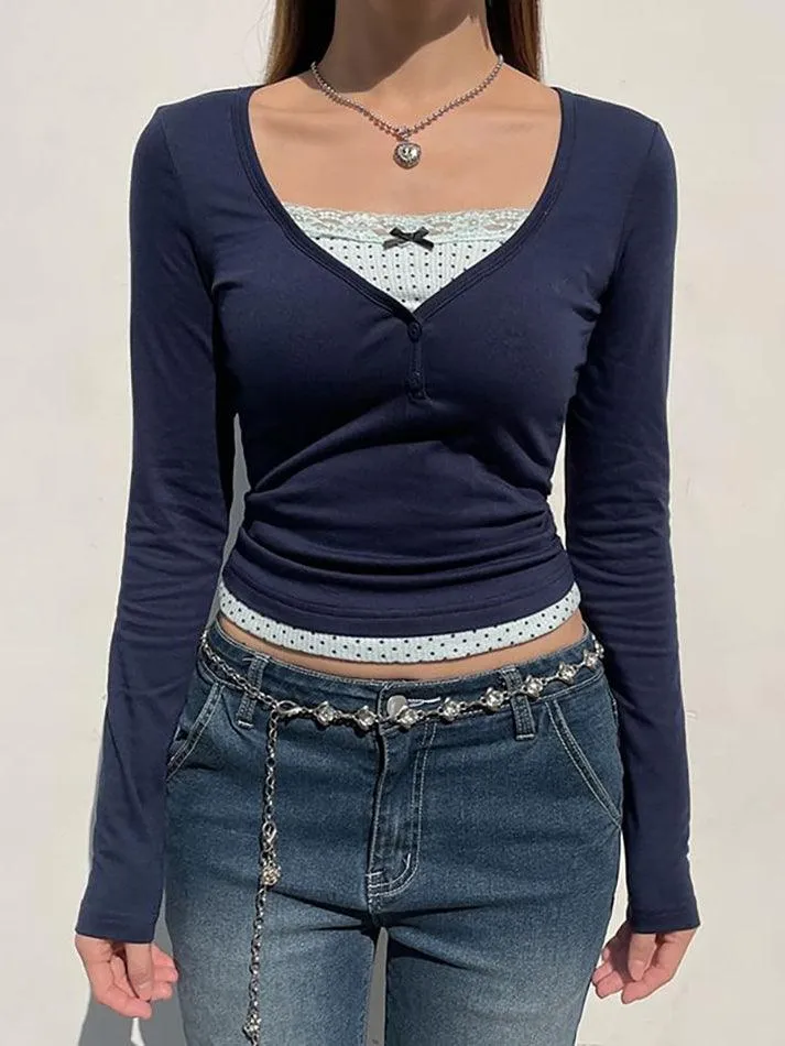 Long Sleeve Mock Two Piece Lace-Trim Crop T-Shirt