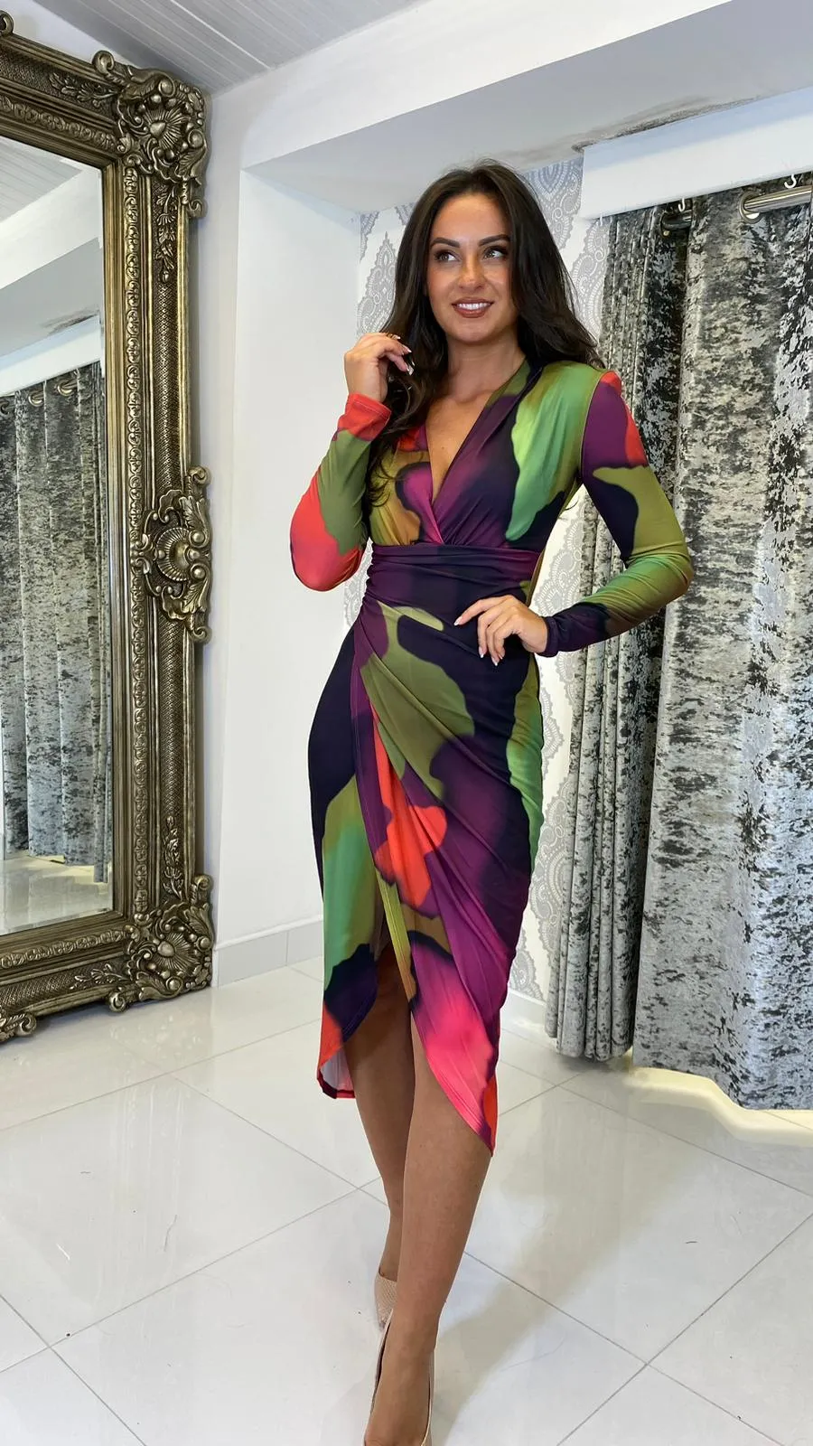 Long Sleeves Wrap Midi Dress In Fuchsia Tie Die Print