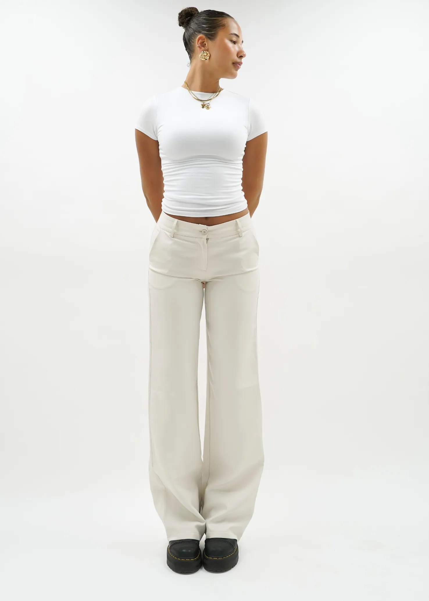 Low/mid waist straight leg pants casual crème (TALL)