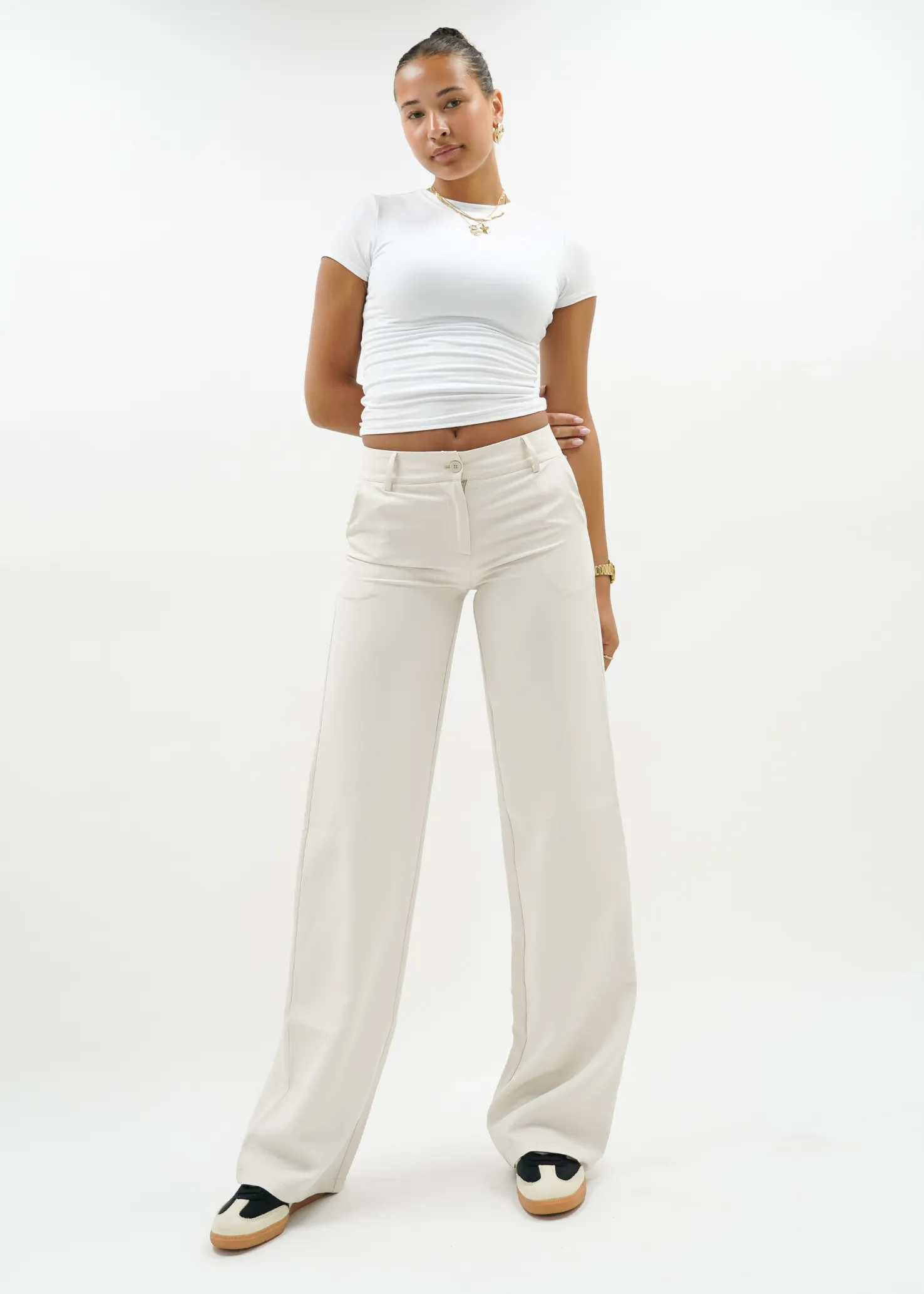 Low/mid waist straight leg pants casual crème (TALL)