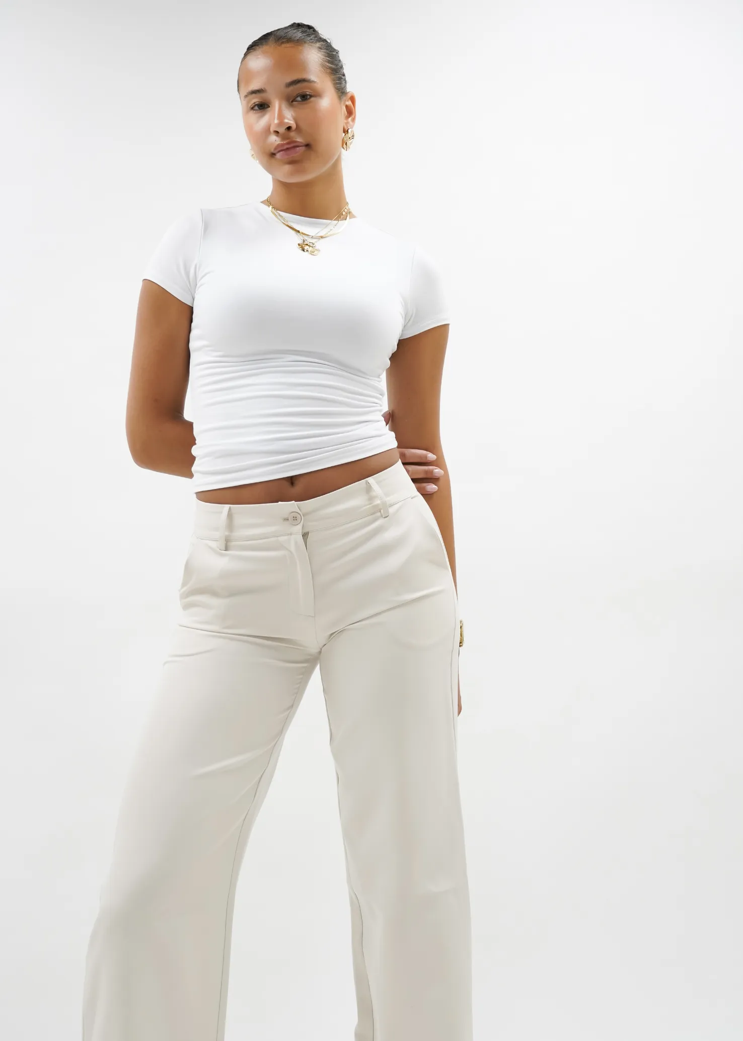 Low/mid waist straight leg pants casual crème (TALL)