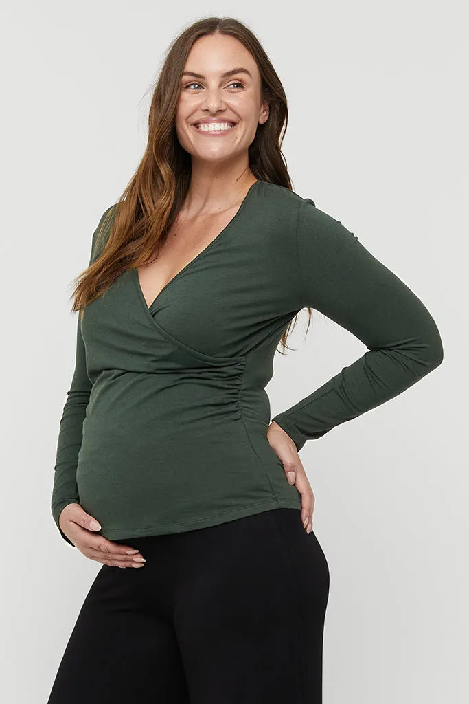 L/S Cross Front Maternity Top - Forest