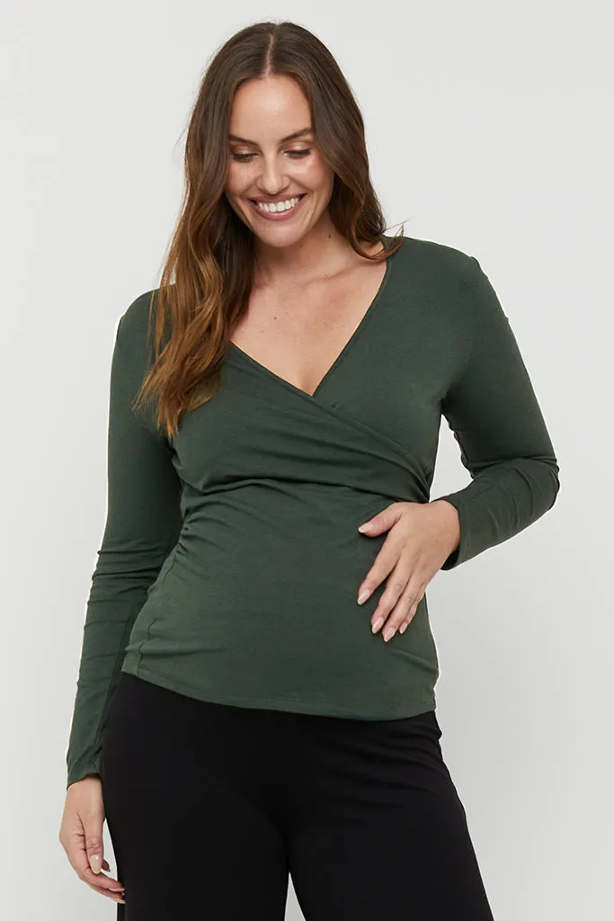 L/S Cross Front Maternity Top - Forest