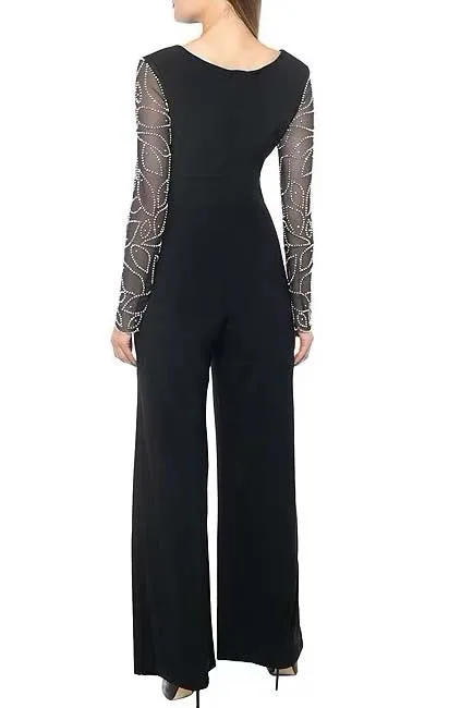 Marina matte jersey sheer beaded long sleeve V-Neck Knot bodice two piece set