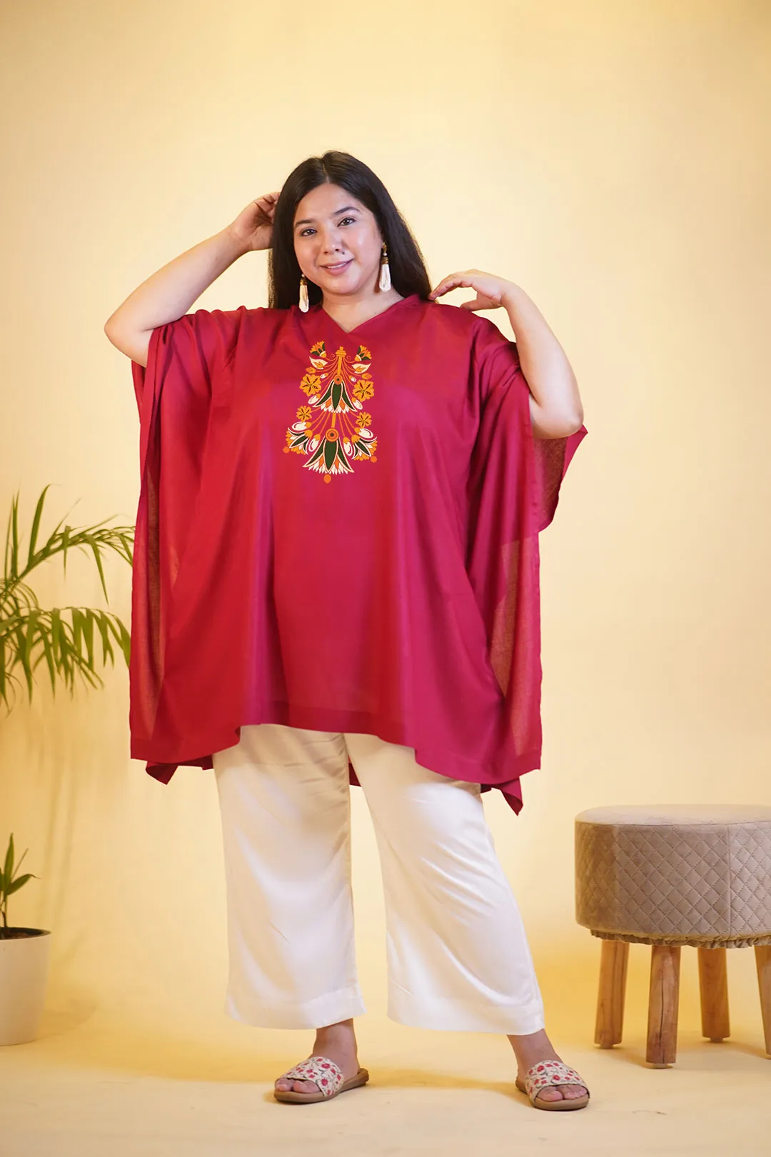 Maroon Rayon Kurti & MilkyWhite Palazzo - Nishat