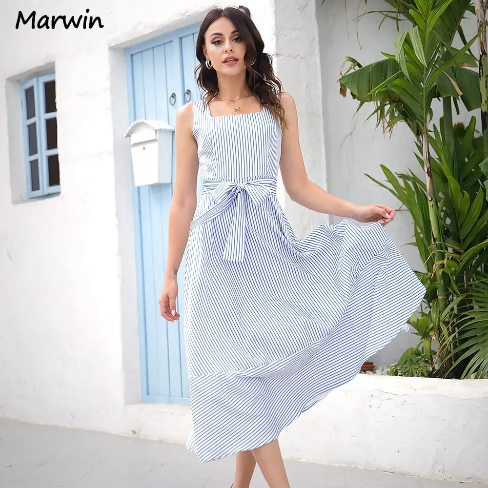 MARWIN Striped Belted High-Waist Midi Dress