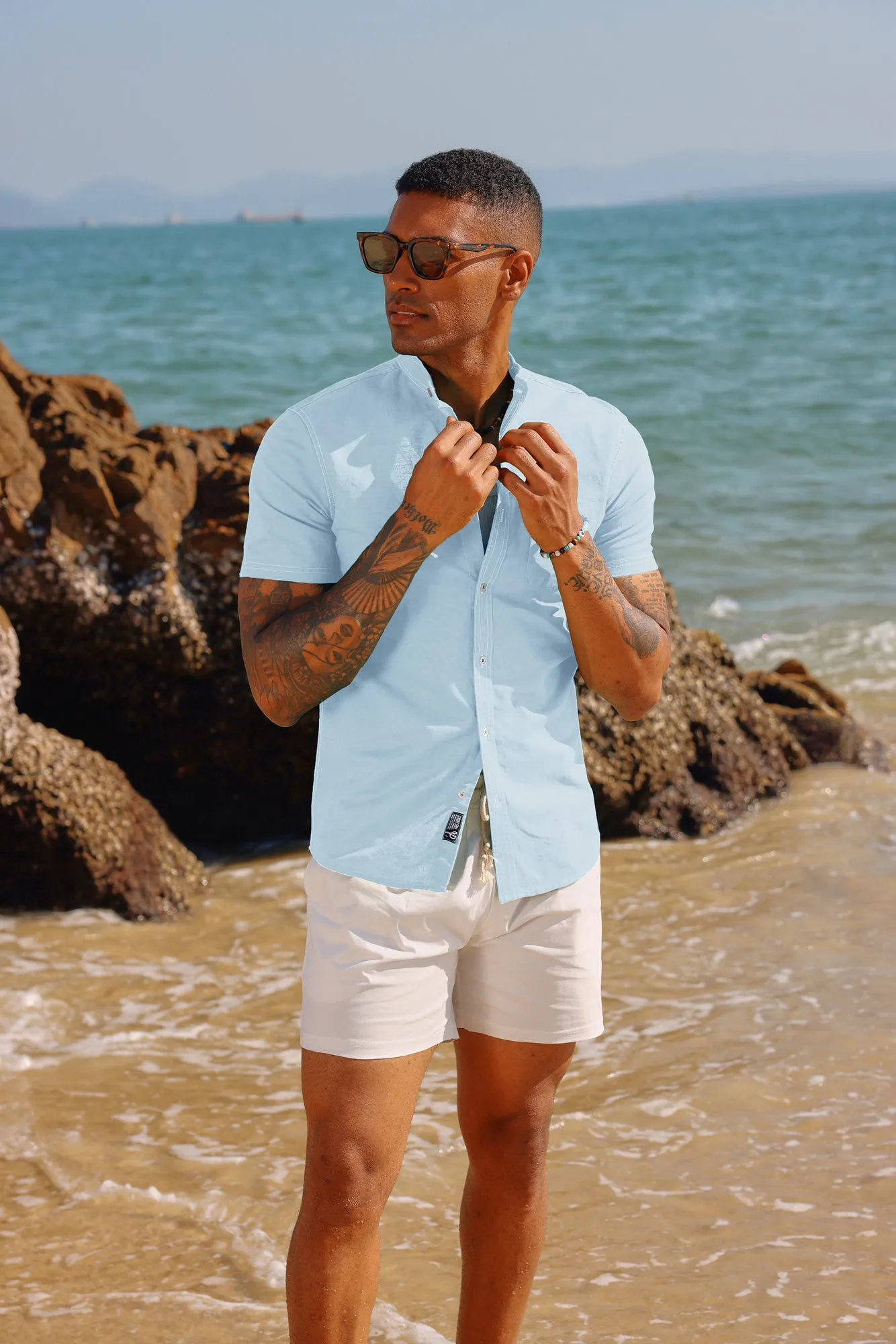 Mens Linen Henley Shirts Band Collar Short Sleeve Hippie Beach Shirts