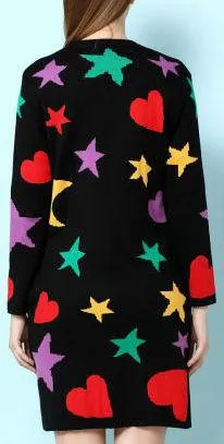 Multi Colored Shape Printed Long Cardigan Sweater in Black