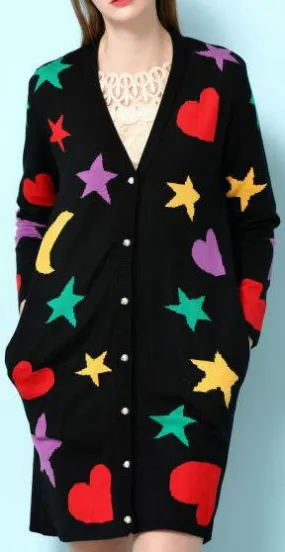 Multi Colored Shape Printed Long Cardigan Sweater in Black