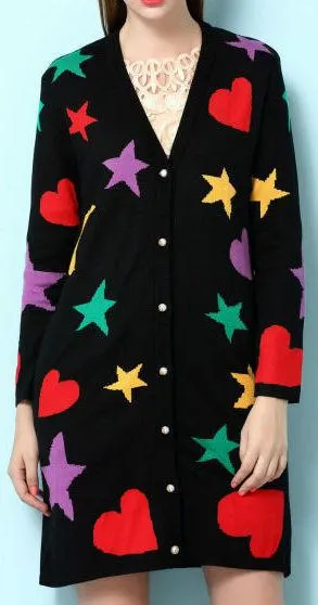 Multi Colored Shape Printed Long Cardigan Sweater in Black