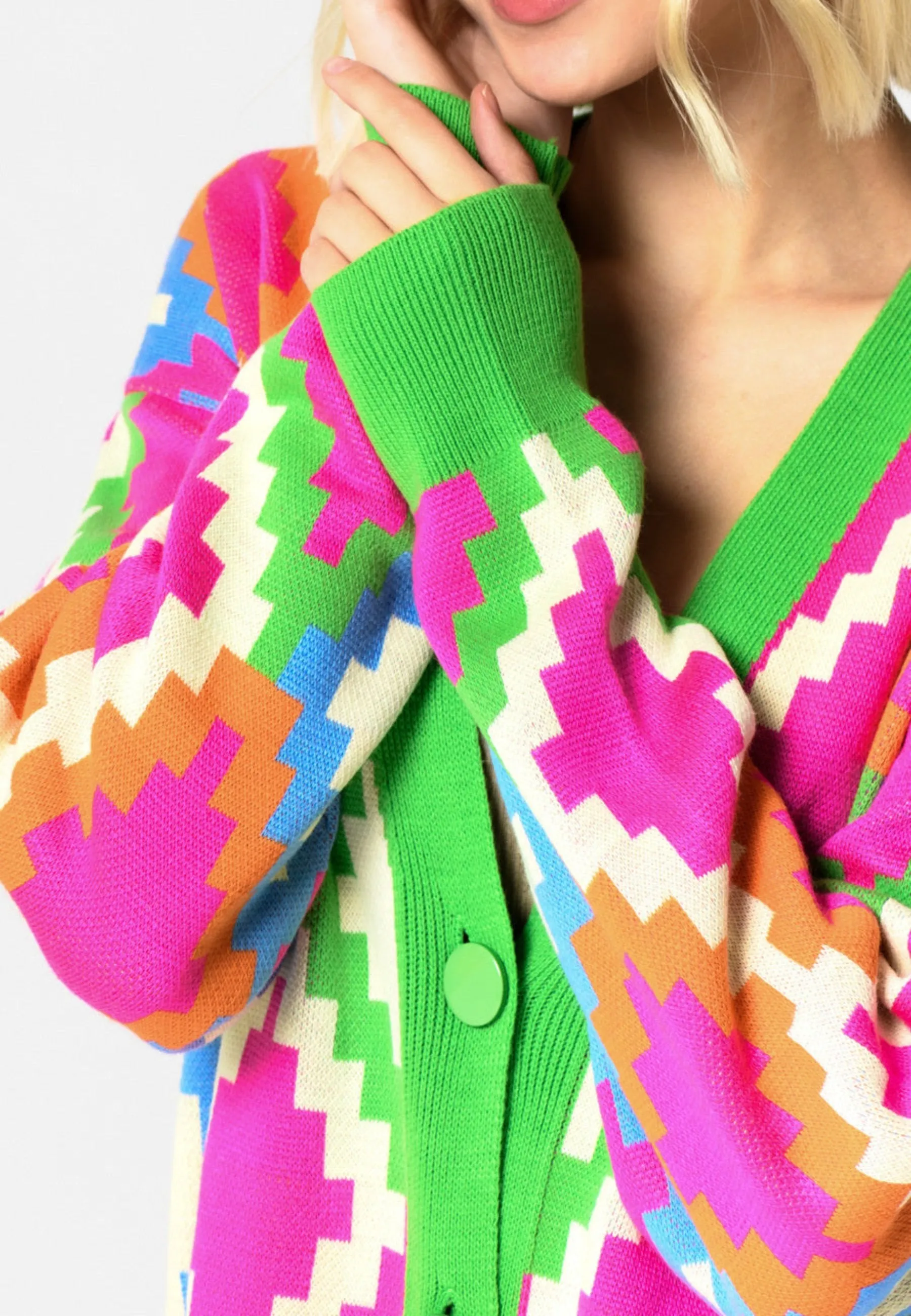 Multicoloured Button-Up Cardigan - Green