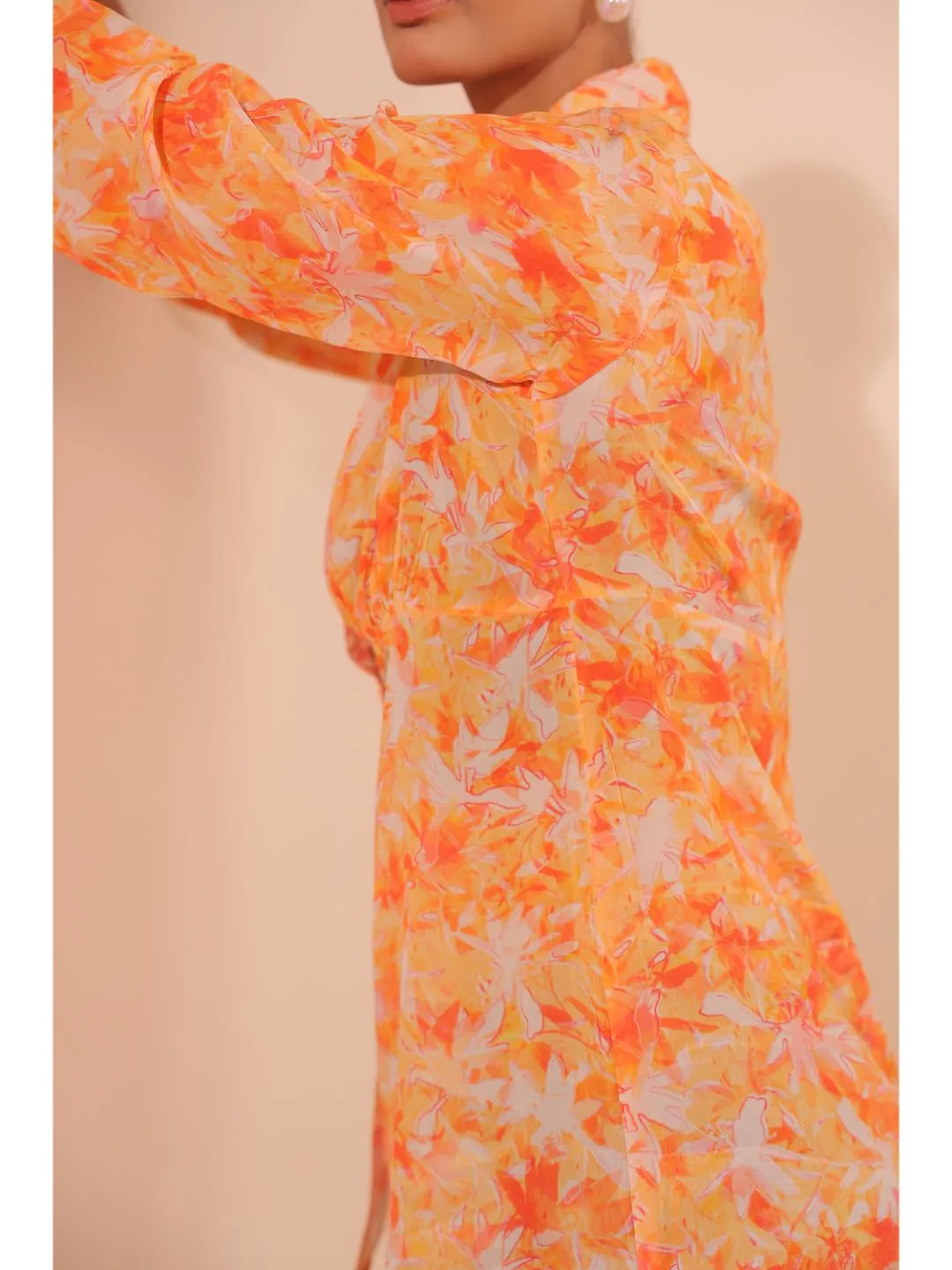 natural crepe abstract printed,  mandarin hand embellished collar stylised gathered busted top with three fourth sleeve. - Orange