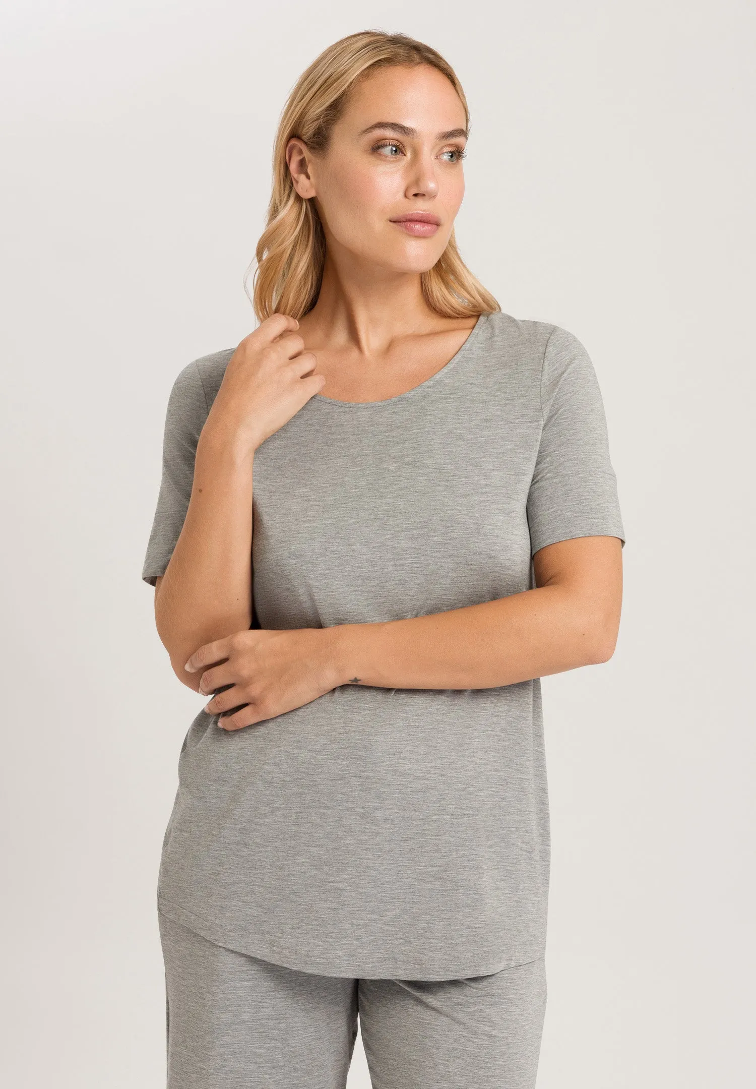 Natural Elegance Flowy Round Neck Top | Grey Melange 74902-958