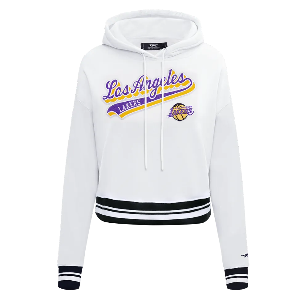 NBA LOS ANGELES LAKERS SCRIPT TAIL WOMEN'S RIB FLC CROPPED PO HOODIE (WHITE/BLACK)