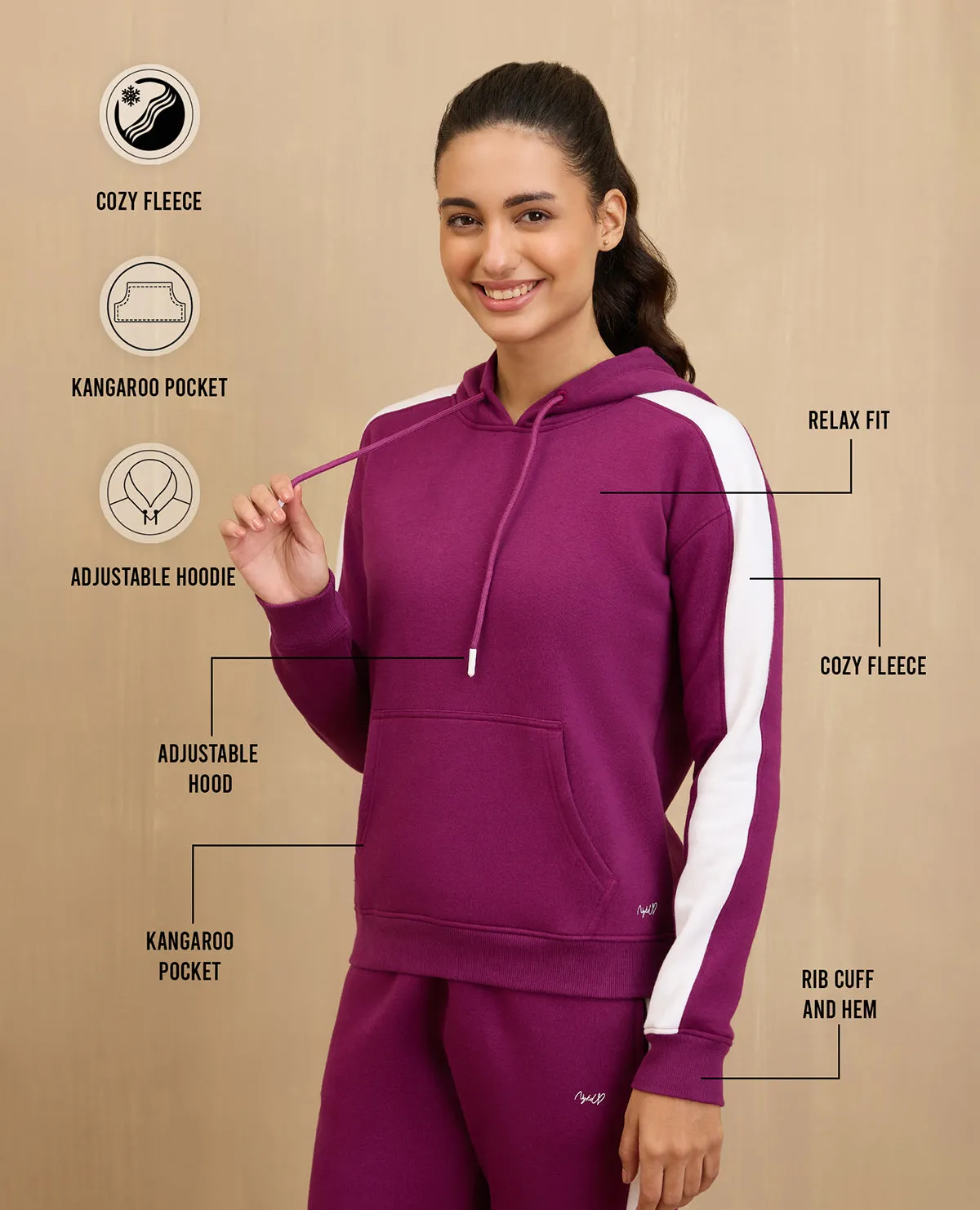 NYKD By Nykaa Cozy Fleece Hoodie Sweatshirt -NYLE702-Magenta