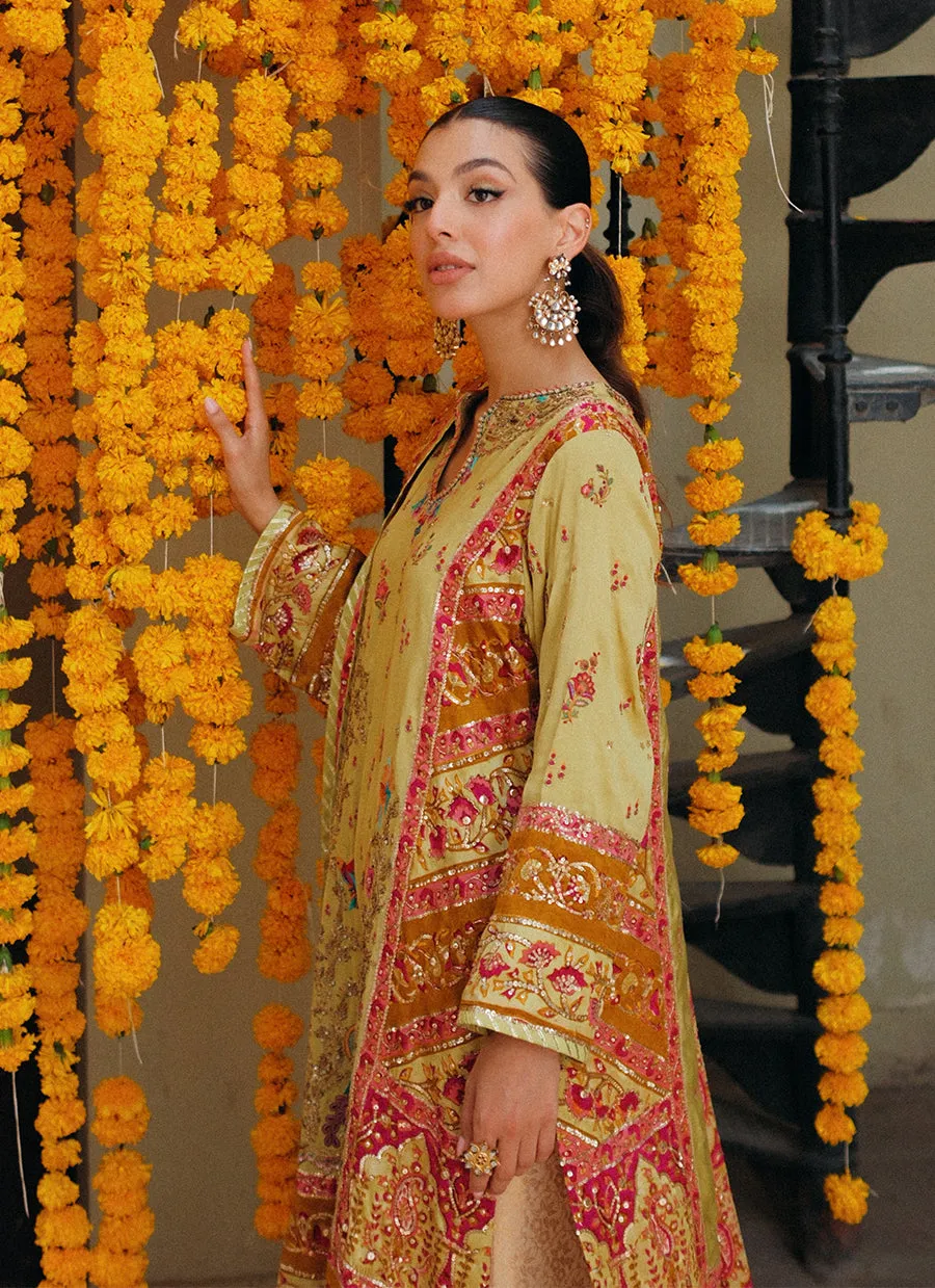 Nymeria kiwi green kurta, embellished block print dupatta and izaar