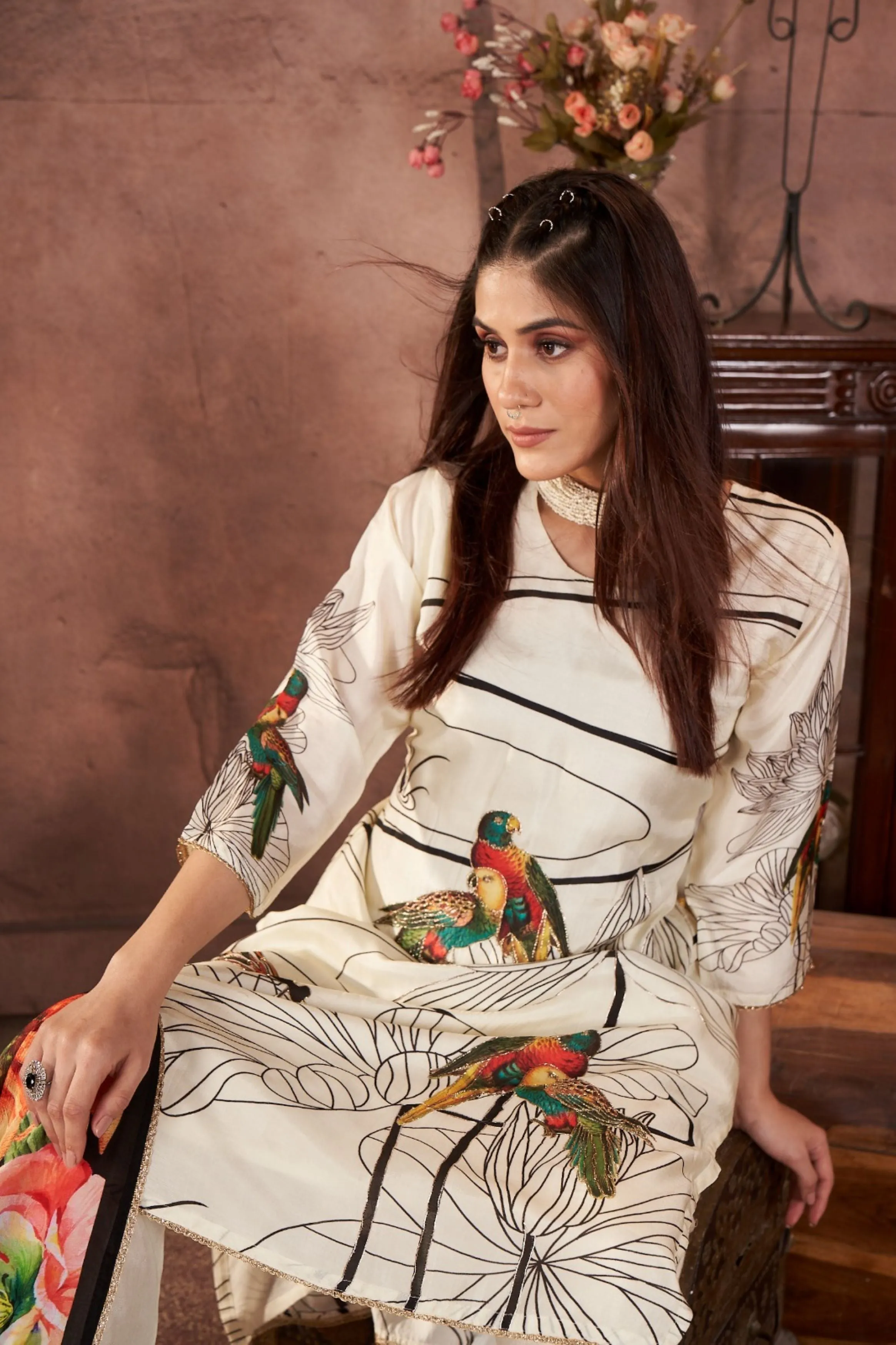 Off White Digital Printed Muslin Silk Kurta Pant Set