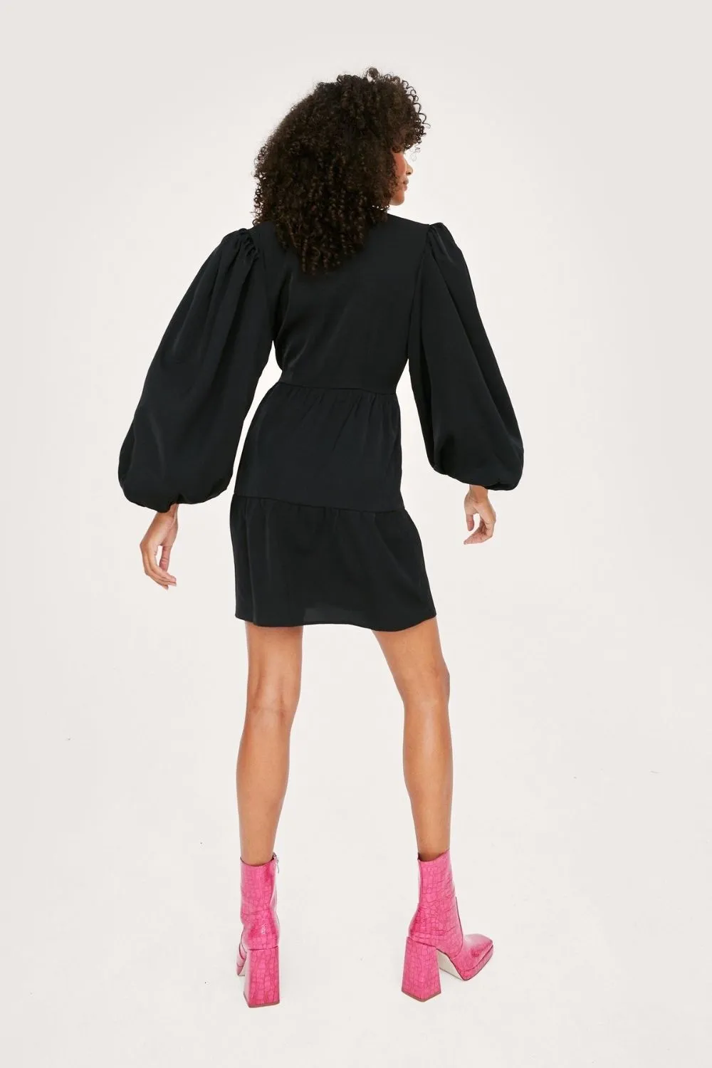 Oversized Puff Sleeve Mini Wrap Dress