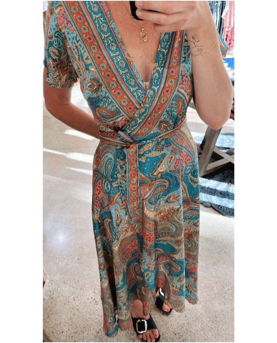 Paisley Gold Aqua Wrap Dress