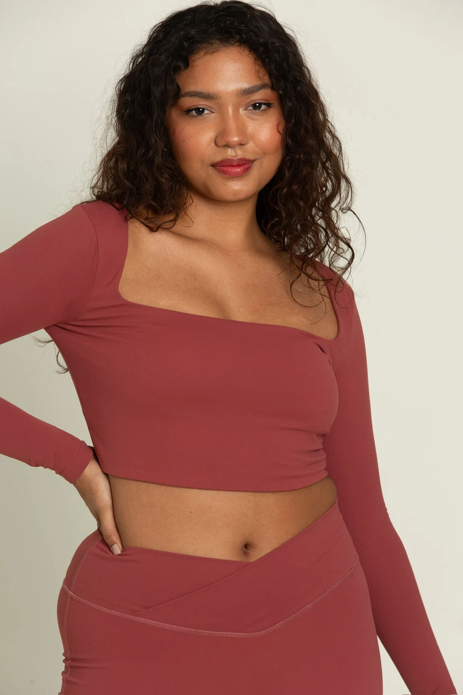 Pale Red Square Neck Long Sleeve Top