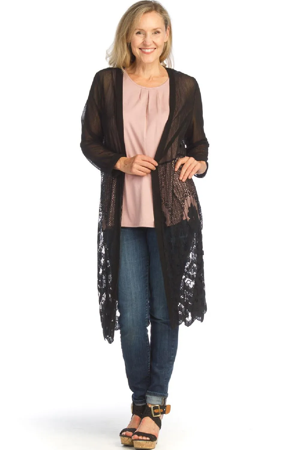 Papillon Mesh Stretch Cardigan with Lace, Black (PT-07046)