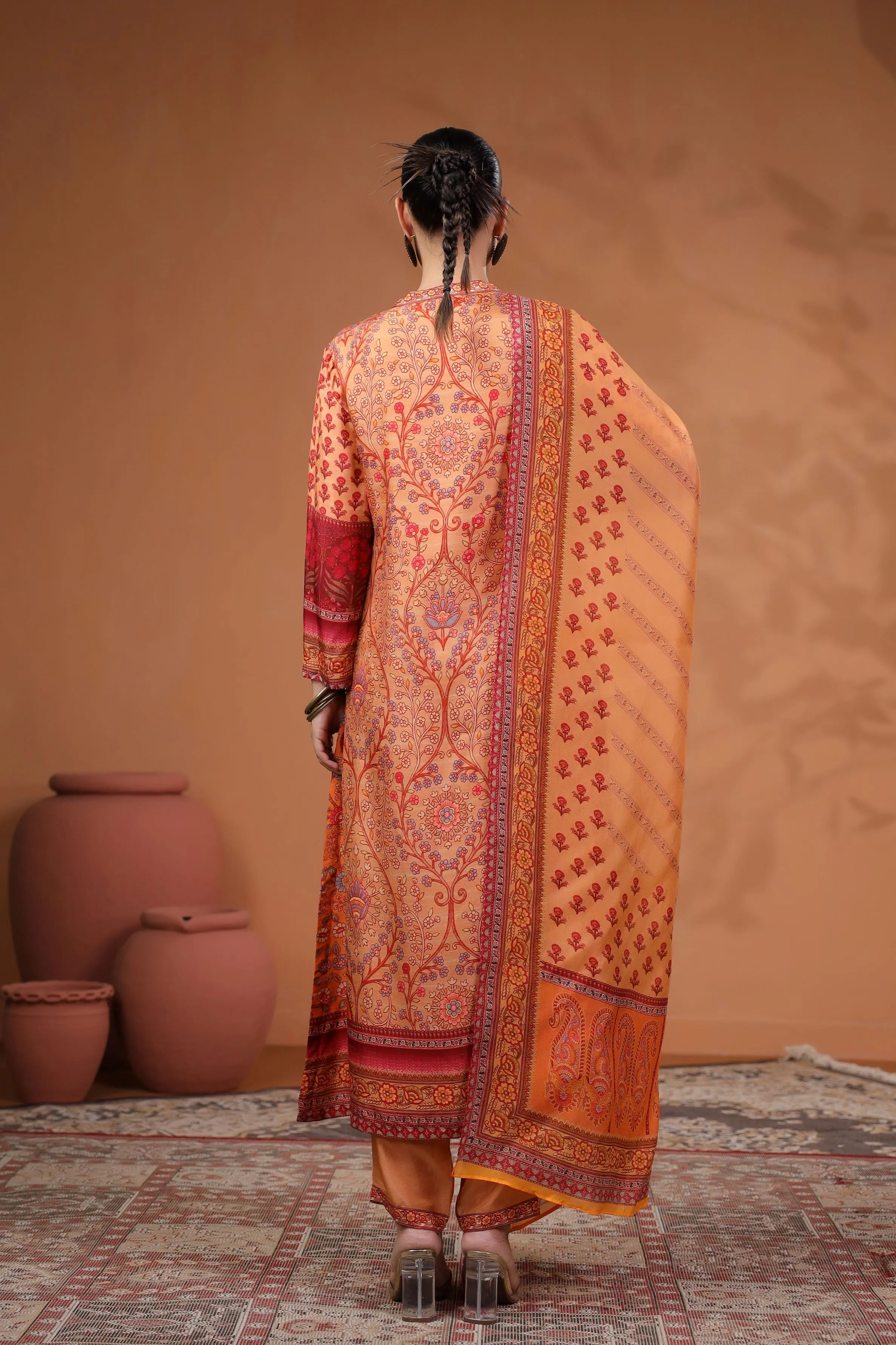 Pastel Orange Traditional Printed Tussar Silk Pants Set