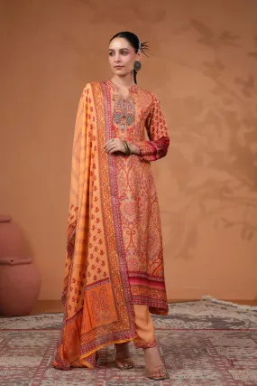 Pastel Orange Traditional Printed Tussar Silk Pants Set