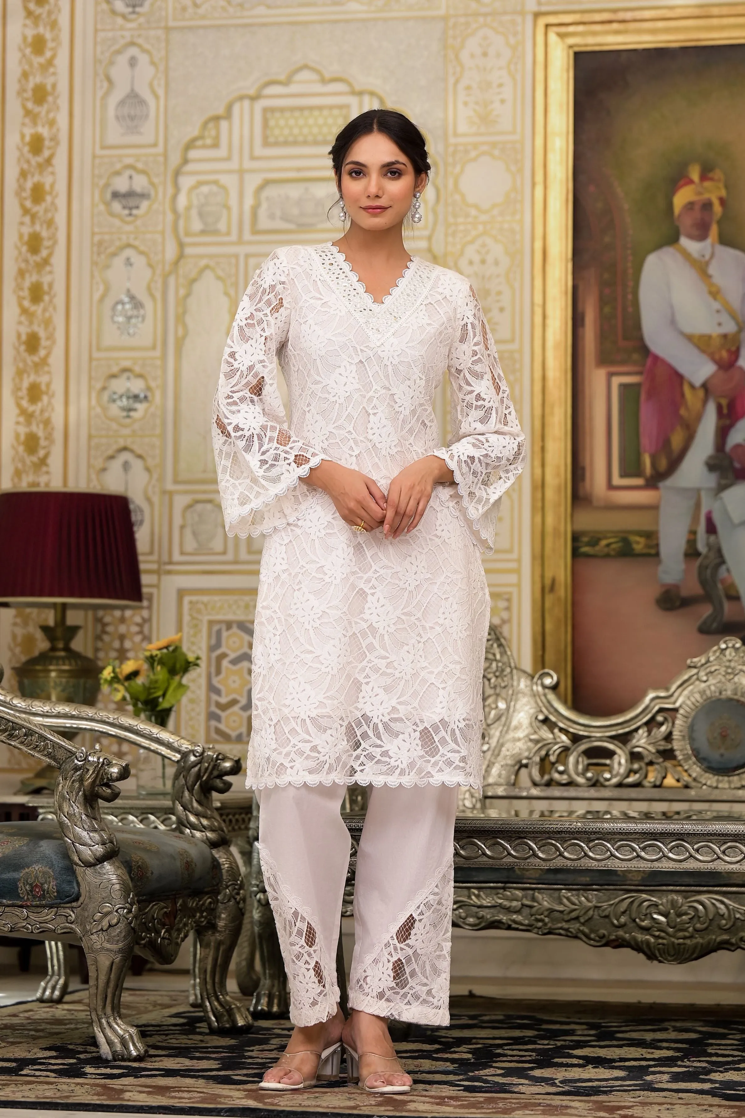 Pearl White Embroidered Premium Net Kurta & Pants Set